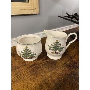 Vintage Rare Happy Holidays Nikko Creamer & Sugar Bowl Christmas Tree Design